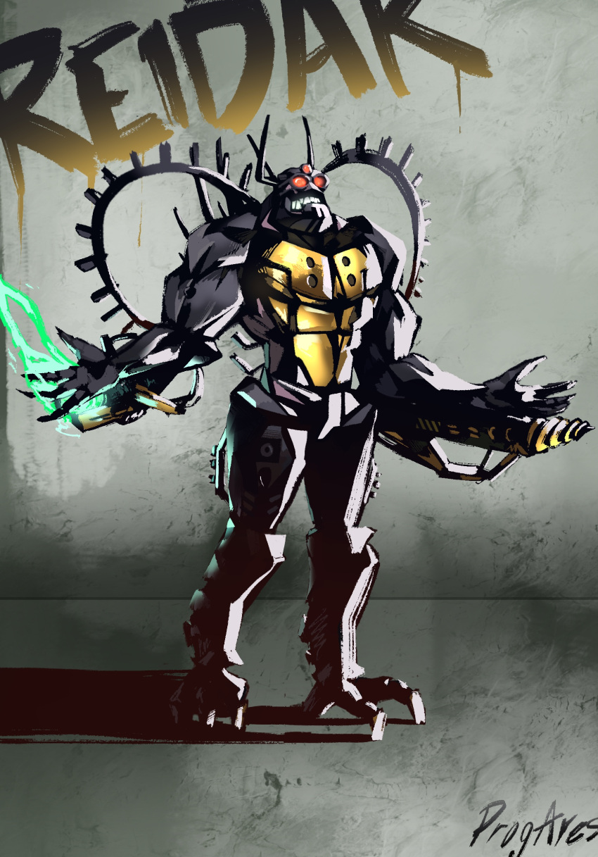 1boy arm_cannon artist_name bionicle cable character_name drill english_commentary highres horns looking_up male_focus open_hands prog_ares red_eyes reidak_(bionicle) shadow sharp_teeth smile solo teeth the_lego_group third_eye weapon