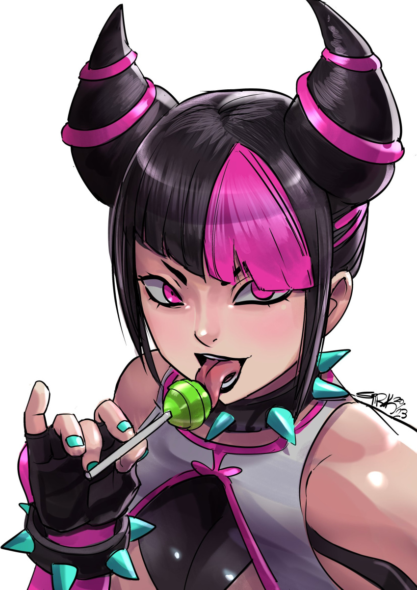 1girl bigdumsirk black_hair blunt_bangs bracelet breasts candy collar drill_hair fingerless_gloves food gloves glowing glowing_eye hair_horns han_juri highres jewelry lollipop looking_at_viewer medium_breasts multicolored_hair navel pink_eyes purple_eyes short_hair sidelocks smile solo spiked_bracelet spiked_collar spikes street_fighter street_fighter_6 street_fighter_iv_(series) tongue tongue_out twin_drills