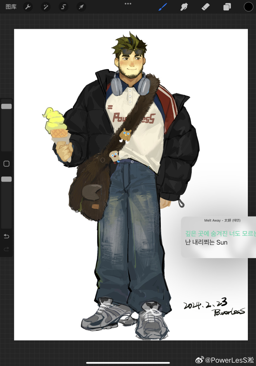 1boy art_program_in_frame bag baggy_pants bara beard_stubble blush denim facial_hair food full_body headphones headphones_around_neck highres ice_cream jacket jeans looking_to_the_side male_focus oc_(powerlesssong) off_shoulder open_clothes open_jacket original pants powerlesssong short_hair shoulder_bag smile solo standing stubble thick_eyebrows