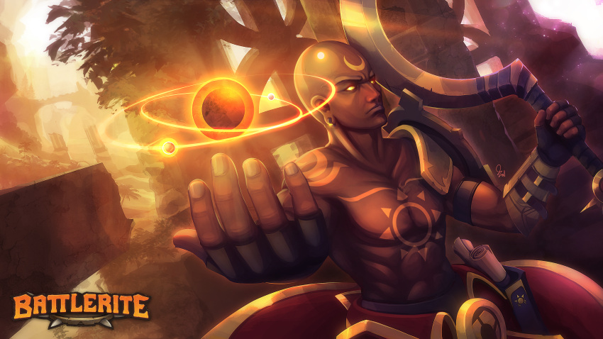 abs absurdres bald battlerite black_gloves braceer chest_tattoo copyright_name crescent_tattoo dark-skinned_male dark_skin day dutch_angle earrings fingerless_gloves gloves glowing glowing_eyes highres holding holding_staff jewelry magic male_focus outdoors outstretched_hand qassamzed scroll sirius_(battlerite) staff tattoo toned_mal yellow_eyes