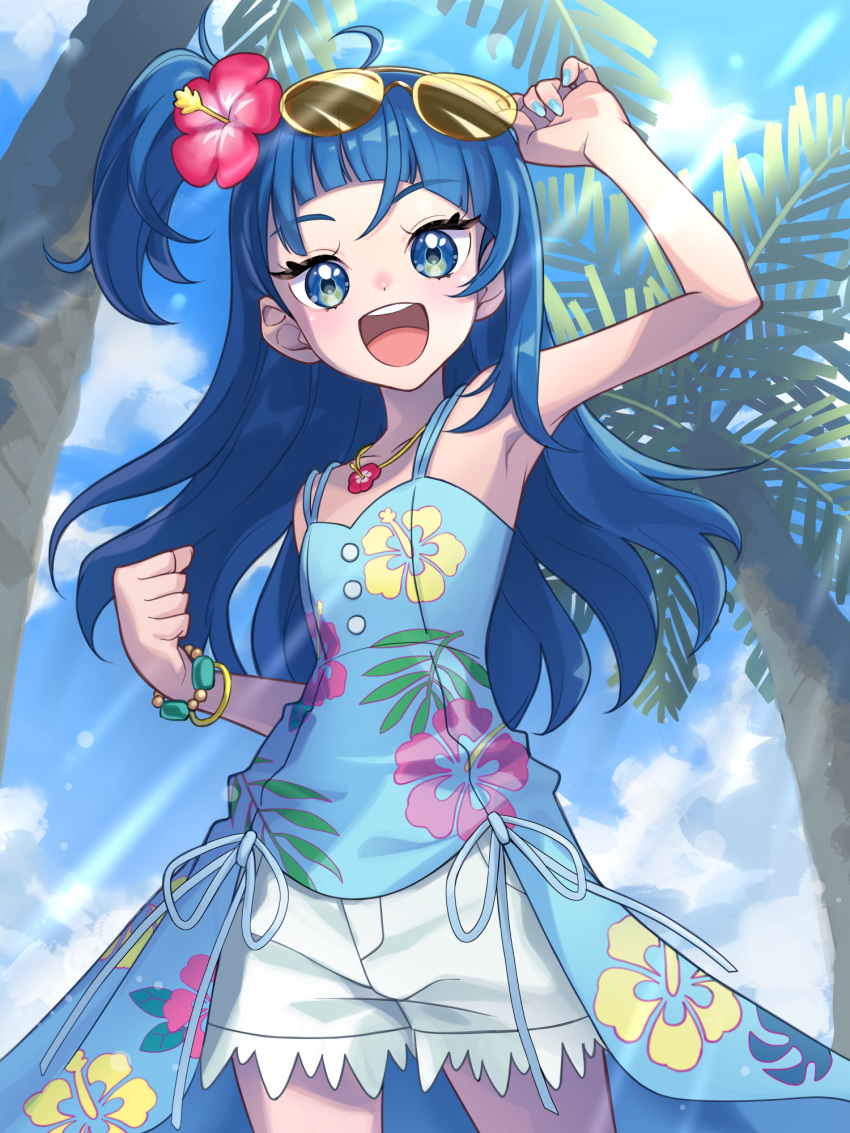 1girl adjusting_eyewear alternate_hair_length alternate_hairstyle blue_dress blue_eyes blue_hair blue_sky bracelet clenched_hands cloud cloudy_sky commentary cowboy_shot cutoffs day dress eyewear_on_head floral_print flower hair_flower hair_ornament half-dress hibiscus highres hirogaru_sky!_precure ishidai_(ishidai4682) jewelry long_hair looking_at_viewer medium_dress necklace one_side_up open_mouth outdoors palm_tree precure print_dress red_flower short_shorts shorts sky smile solo sora_harewataru spaghetti_strap standing sunglasses tree white_shorts