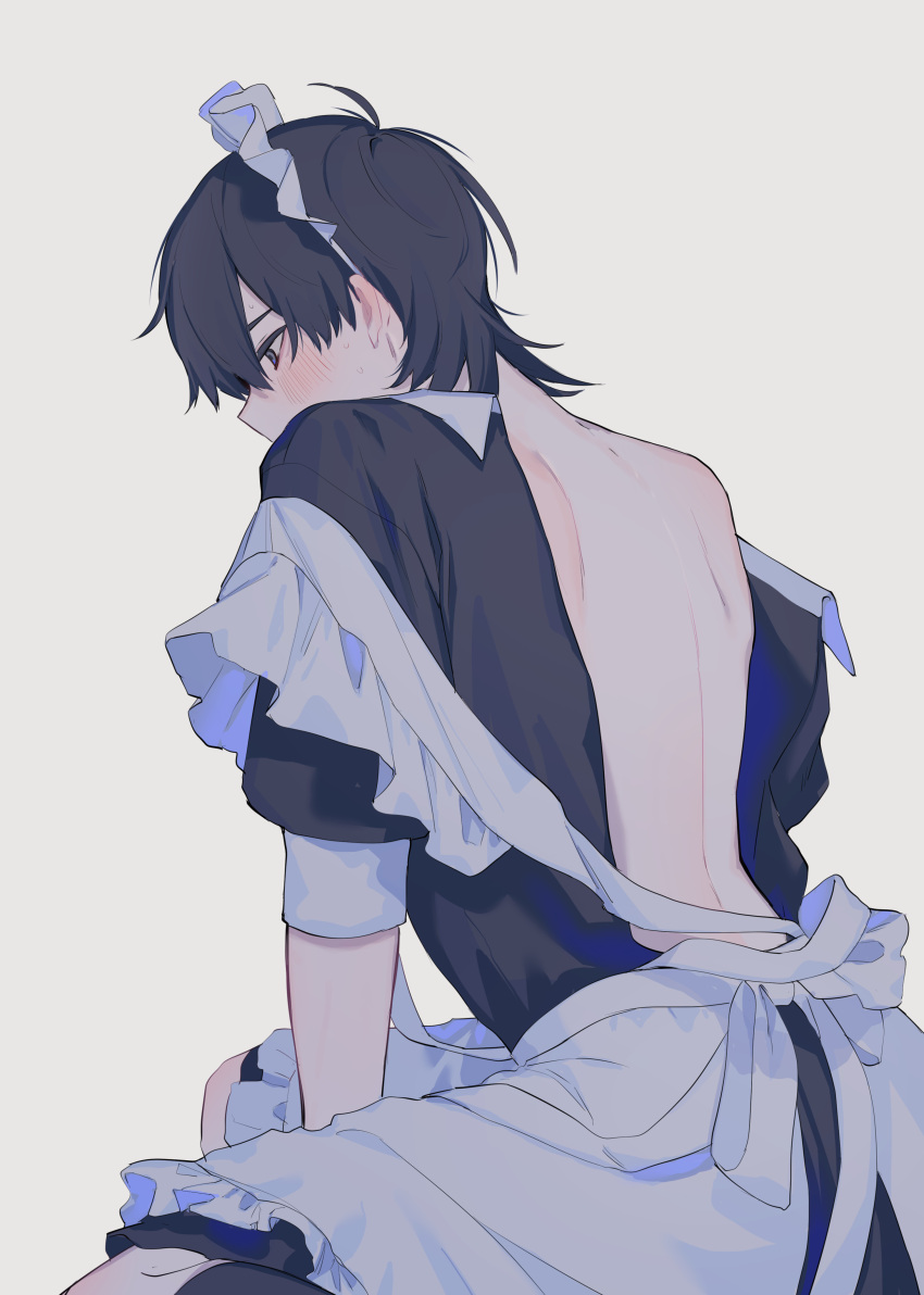 1boy absurdres apron arm_between_legs back black_dress black_hair blue_eyes blush commentary_request crossdressing dress ear_blush frilled_apron frills hair_between_eyes highres hiiragi_hiiro maid maid_headdress male_focus male_maid open_clothes open_dress original short_hair shy solo sweat upper_body white_apron white_background