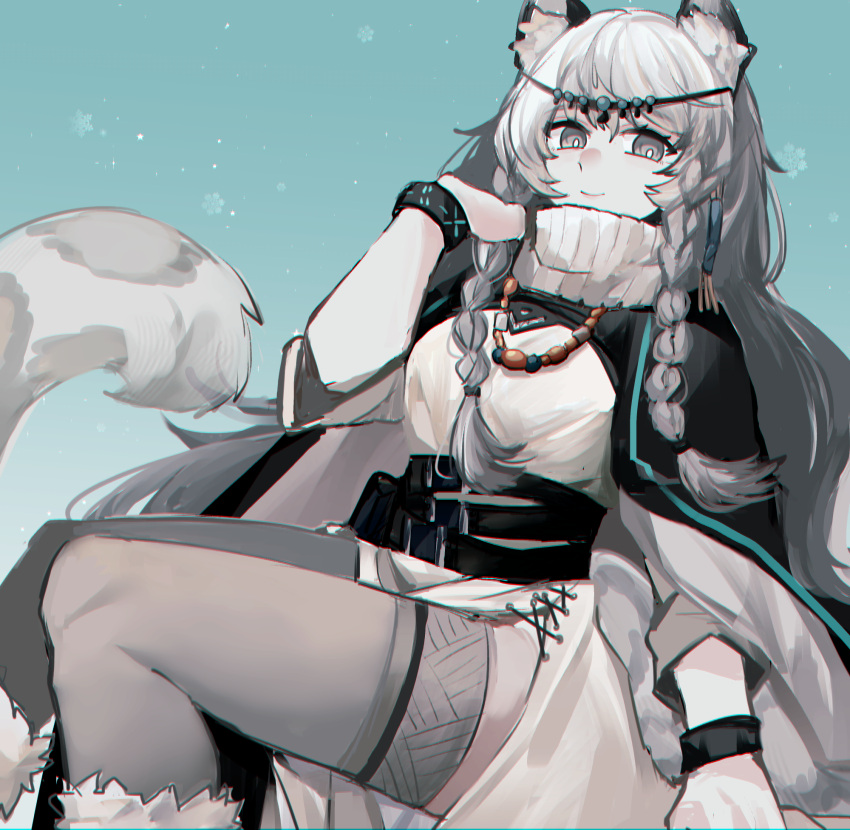 1girl arknights bad_hands belt black_belt black_cloak bracelet braided_sidelock cloak commentary_request dress feet_out_of_frame fur-trimmed_footwear fur_trim grey_eyes grey_hair grey_thighhighs hand_up head_chain highres infection_monitor_(arknights) jewelry long_hair looking_at_viewer necklace pramanix_(arknights) scarf smile snow_leopard_ears snow_leopard_girl snow_leopard_tail solo thighhighs wavy_hair white_dress white_scarf yukinohito_(koutyanomitai)