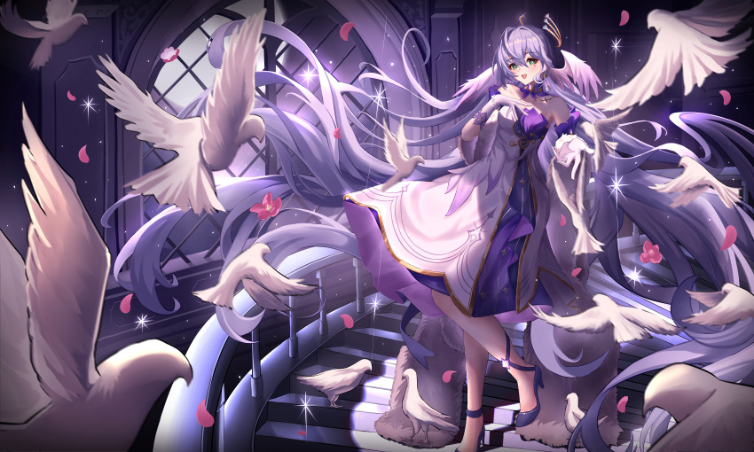 1girl absurdly_long_hair absurdres bare_shoulders bird breasts detached_sleeves dress falling_petals feathered_wings flower full_body gloves green_eyes hand_on_own_chest head_wings high_heels highres honkai:_star_rail honkai_(series) indoors jewelry long_hair looking_at_viewer mfym8525 open_mouth petals purple_dress purple_hair robin_(honkai:_star_rail) single_hair_intake solo sparkle stairs standing very_long_hair white_dress white_gloves window wings