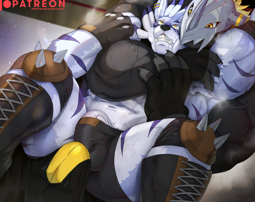 abs absurd_res anthro armpit_hair bandai_namco barazoku barely_visible_genitalia barely_visible_penis body_hair bulge clothed clothing detailed_bulge digimon digimon_(species) duo erection erection_under_clothing fighters genital_outline genitals hi_res male male/male manly mask metal metal_mask muscular muscular_anthro muscular_arms muscular_male nekogaki0324 partially_clothed penis skull_mask spiked_knee_pads tenting thick_arms thick_penis thick_thighs wargreymon weregarurumon wrestling