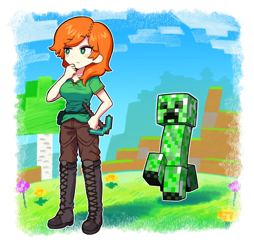 1girl 1other alex_(minecraft) block_(minecraft) block_(object) boots box_body brown_pants creature creeper field flower flower_field green_eyes green_shirt highres holding holding_pickaxe knee_boots long_hair minecraft minecraft_pickaxe orange_hair pants pickaxe satanmanse shirt