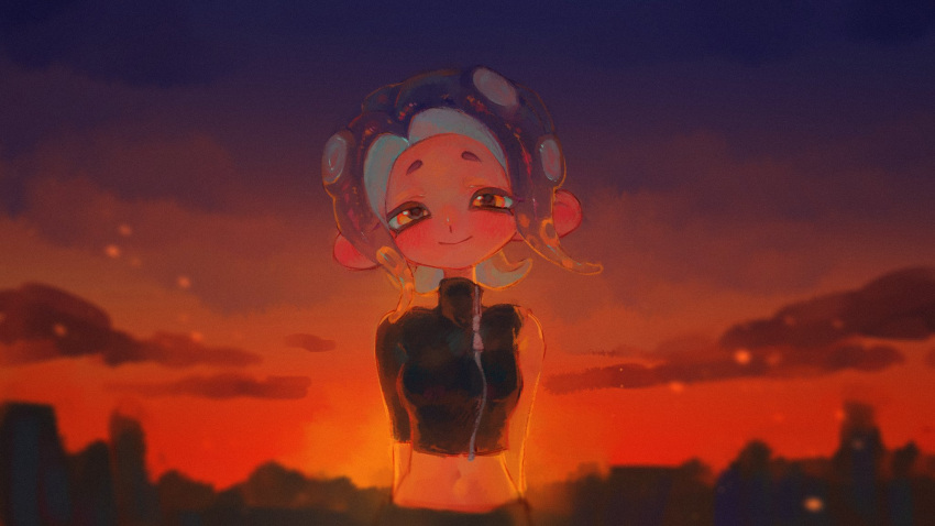 1girl agent_8_(splatoon) arms_behind_back black_shirt blonde_hair blue_hair blush commentary_request crop_top gradient_hair highres liang_cun_rakuna long_hair looking_at_viewer midriff multicolored_hair navel octoling octoling_girl octoling_player_character orange_eyes shirt single_sleeve smile solo splatoon_(series) splatoon_2 splatoon_2:_octo_expansion suction_cups sunset tentacle_hair two-tone_eyes two-tone_hair upper_body yellow_eyes zipper zipper_pull_tab