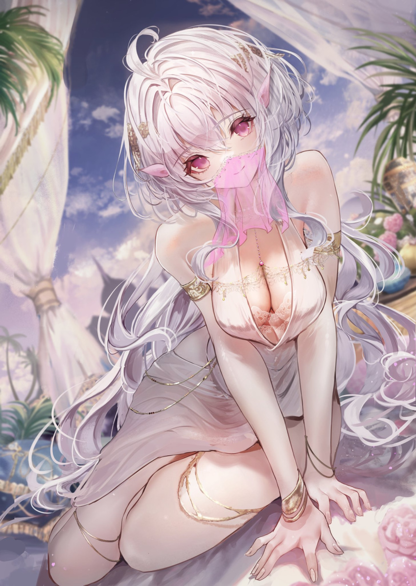 1girl ahoge arm_support armlet bare_shoulders bracelet breasts chiachun0621 cleavage closed_mouth commentary_request curtains day dress dutch_angle eyelashes fate/grand_order fate/prototype fate_(series) fingernails flower full_body hair_between_eyes harem_outfit highres jewelry large_breasts leaning_forward long_hair looking_at_viewer merlin_(fate/prototype) mouth_veil pink_flower pink_rose purple_eyes revision rose sitting smile solo thighs v_arms veil very_long_hair wavy_hair white_dress white_hair yokozuwari