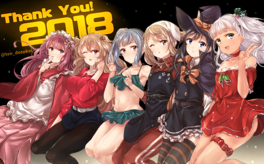 2018 6+girls alternate_costume anchor_symbol animal_ears apron asashio_(kantai_collection) bandanna bangs bare_shoulders bikini bikini_skirt black_apron black_background black_hair black_legwear black_skirt blue_eyes blunt_bangs bow brown_eyes cat_ears choker dress feet_out_of_frame frilled_apron frilled_dress frills gradient_hair green_bikini green_eyes grey_hair hakama hat jacket japanese_clothes juurouta kamikaze_(kantai_collection) kantai_collection kasumi_(kantai_collection) kimono light_brown_hair long_hair long_sleeves looking_at_viewer maestrale_(kantai_collection) maid_headdress meiji_schoolgirl_uniform michishio_(kantai_collection) multicolored_hair multiple_girls murasame_(kantai_collection) one_eye_closed one_side_up pants pantyhose parted_lips pinafore_dress pink_hakama purple_eyes purple_hair red_choker red_dress red_jacket red_kimono red_pants red_shirt remodel_(kantai_collection) ribbon shirt side_ponytail silver_hair skirt striped striped_legwear swimsuit thighhighs track_jacket track_pants twitter_username two_side_up v wa_maid white_apron witch_hat yellow_bow yellow_ribbon