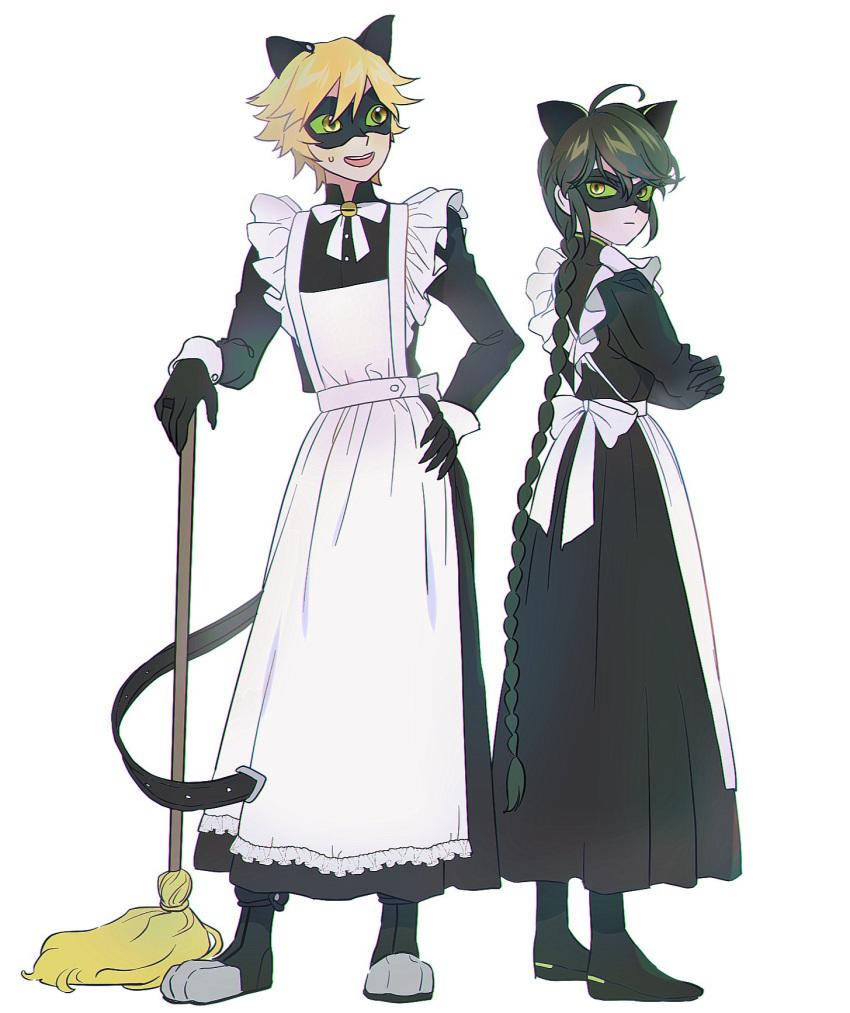 1boy 1girl adrien_agreste animal_ears apron bell black_bodysuit black_hair black_mask blonde_hair bodysuit braid broom cat_boy cat_ears cat_girl chat_noir closed_mouth full_body green_eyes highres holding holding_broom lady_noir lb_black22 long_hair maid maid_apron marinette_dupain-cheng mask miraculous_ladybug open_mouth simple_background single_braid slit_pupils superhero_costume white_background