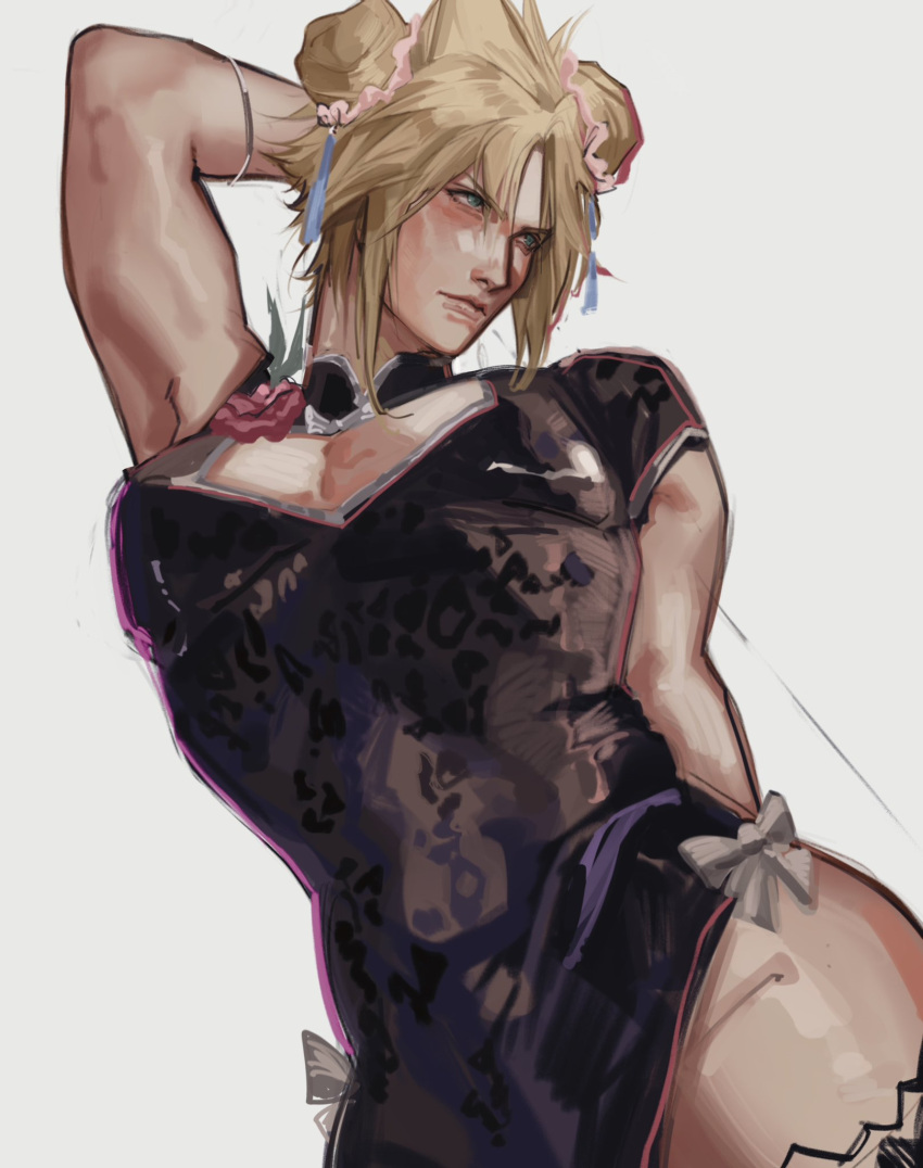 1boy animal_print aqua_eyes arm_behind_head arm_up black_dress blonde_hair blush charluiu cleavage_cutout clothing_cutout cloud_strife cosplay crossdressing dress final_fantasy final_fantasy_vii final_fantasy_vii_remake highres large_pectorals leopard_print male_focus medium_hair pectoral_cleavage pectorals print_dress side_slit simple_background solo spiked_hair tifa_lockhart tifa_lockhart_(cosplay) upper_body white_background