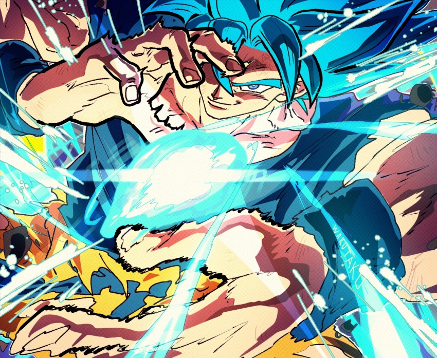 1boy artist_name aura blue_eyes blue_hair blue_shirt commentary dragon_ball dragon_ball_super energy highres kamehameha_(dragon_ball) looking_at_viewer male_focus motion_lines muscular muscular_male orange_pants pants shirt smear_frame smirk solo son_goku taku_(aywakutakuay) upper_body