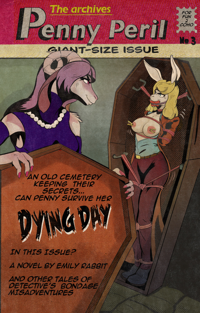 absurd_res anthro arms_tied bdsm bondage bound bovid caprine cover detective female female/female forfun2 gag gagged goat hi_res lagomorph leporid magazine_cover mammal nipple_clamp nipples penny_peril peril predicament_bondage rabbit text vintage