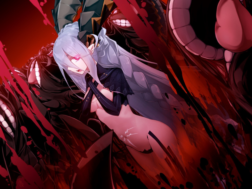 1girl aqua_hair black_gloves braid breasts chain curled_horns elbow_gloves fate/grand_order fate_(series) gloves glowing glowing_eyes hair_between_eyes highres horns lahmu_(fate) large_breasts long_hair long_horns looking_at_viewer navel open_mouth pink_eyes pointy_ears shrug_(clothing) stomach_tattoo striped_clothes striped_gloves symbol-shaped_pupils tattoo teeth tiamat_(fate) tongue twin_braids vertical-striped_clothes vertical-striped_gloves very_long_hair yubeshi_(zecxl)