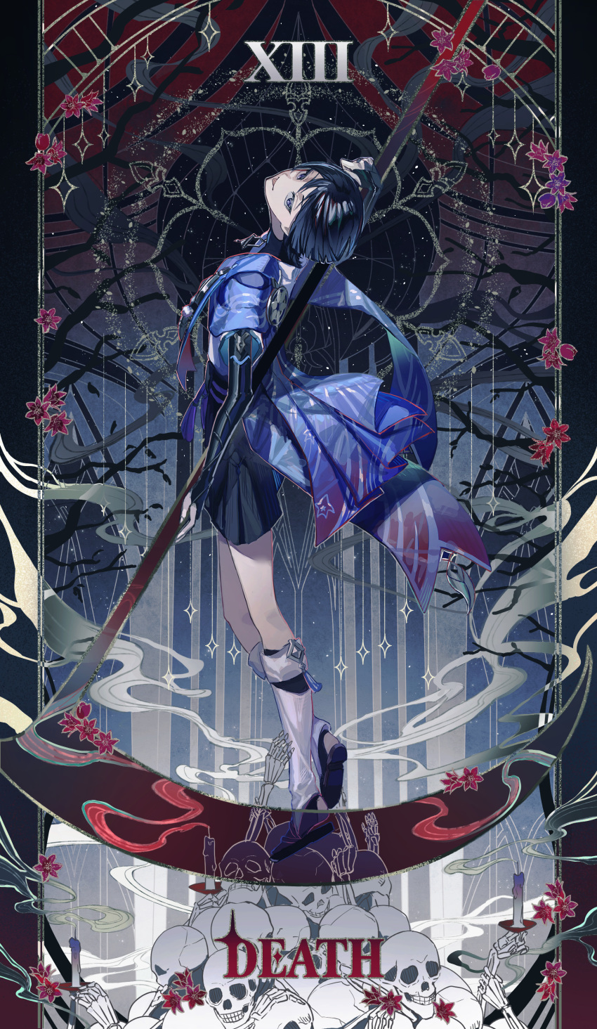 1boy :p absurdres black_background black_footwear black_hair black_sash black_shirt black_shorts blue_cape branch bridal_gauntlets candle cape closed_mouth death_(tarot) english_text flower genshin_impact gradient_background hair_between_eyes head_back highres hitohachan holding holding_scythe holding_weapon jacket looking_at_viewer looking_back male_focus parted_bangs pile_of_skulls pom_pom_(clothes) purple_eyes red_background red_flower roman_numeral rope sandals sash scaramouche_(genshin_impact) scythe shirt short_hair short_sleeves shorts skeletal_arm skeletal_hand skull smile smoke solo star_(symbol) tarot tarot_(medium) tassel tongue tongue_out v-shaped_eyebrows vision_(genshin_impact) wanderer_(genshin_impact) weapon white_jacket