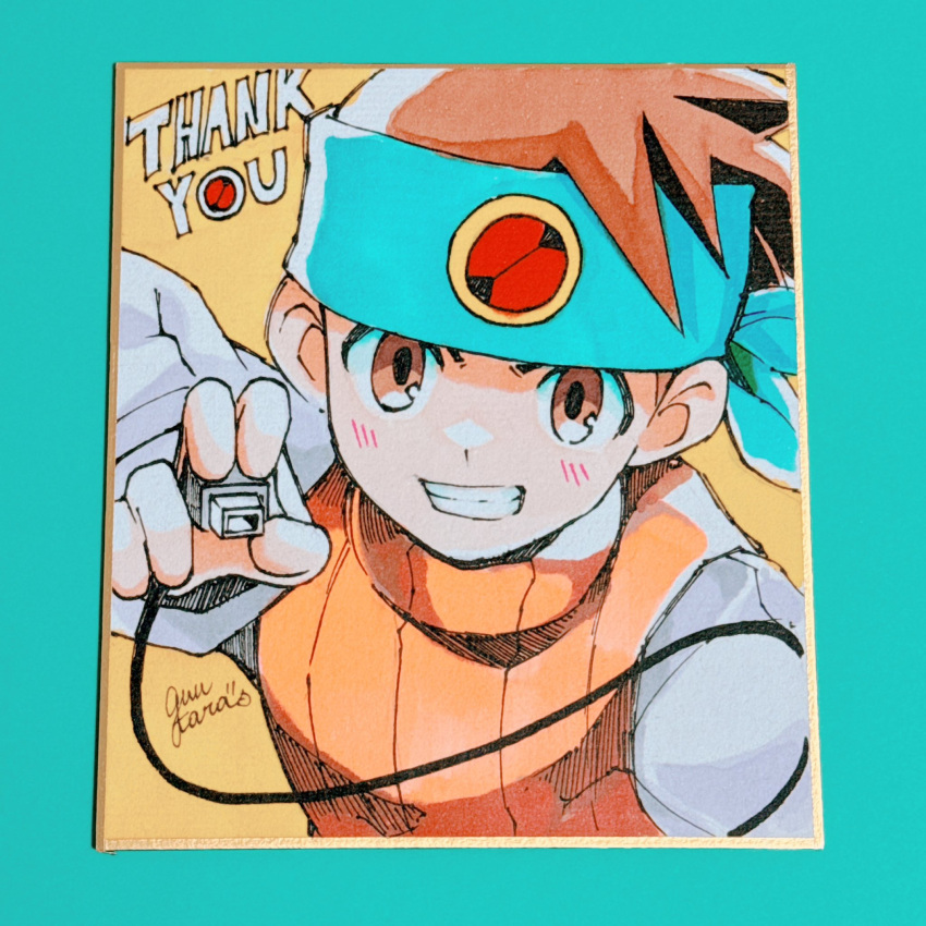 1boy blue_headband brown_eyes brown_hair guutara headband highres lan_hikari_(mega_man) looking_at_viewer male_focus mega_man_(series) mega_man_battle_network_(series) orange_vest photo_(medium) shikishi shirt short_hair signature solo thank_you vest white_shirt yellow_background