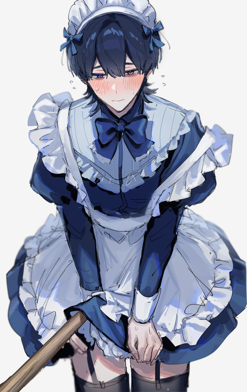 1boy absurdres apron black_hair black_thighhighs blue_bow blue_dress blush bow crossdressing dress frilled_apron frills gripping_clothes hair_between_eyes highres hiiragi_hiiro juliet_sleeves long_sleeves looking_at_viewer maid maid_apron maid_headdress male_focus male_maid original puffy_sleeves short_hair shy solo solo_focus suspenders sweat sweatdrop thighhighs upper_body white_apron white_background