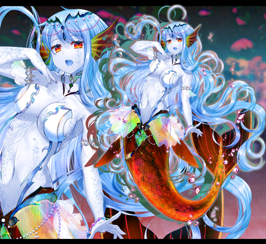 1girl air_bubble akirannu arm_at_side blue_gemstone blue_hair bracelet breasts bubble drop_shadow fang fins full_body gem green_gemstone hand_up head_chain head_fins highres jewelry large_breasts letterboxed long_hair looking_at_viewer mermaid microskirt monster_girl navel open_mouth orange_gemstone original purple_gemstone red_eyes scales see-through see-through_skirt skirt solo teeth upper_teeth_only very_long_hair white_skirt zoom_layer