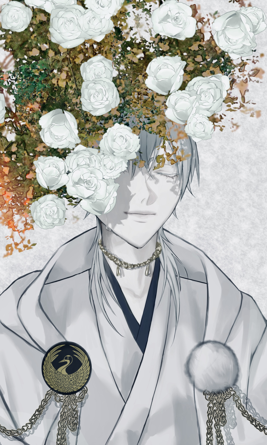 1boy absurdres closed_eyes closed_mouth colored_eyelashes colored_skin facing_viewer flower highres japanese_clothes jewelry light_smile male_focus mizu_(vtrcz8) necklace rose shadow short_hair simple_background single_tear solo touken_ranbu tsurumaru_kuninaga upper_body white_flower white_hair white_rose white_skin white_theme