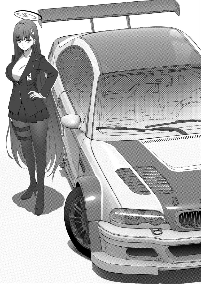 1girl blue_archive bmw bmw_m3 breasts buttons car closed_mouth greyscale hair_ornament hairclip halo hand_on_own_hip high_heels highres jacket jun_project large_breasts long_hair monochrome motor_vehicle need_for_speed need_for_speed:_most_wanted_(2005) pantyhose pleated_skirt rio_(blue_archive) shoes skirt solo spoiler_(automobile) standing sweater very_long_hair