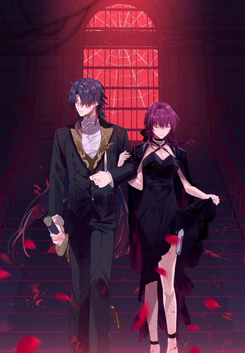 1boy 1girl absurdres alternate_costume black_hair black_jacket black_nails black_pants black_suit blade_(honkai:_star_rail) blood bow bowtie breasts cleavage closed_eyes closed_mouth dress earrings fingernails full_body hair_between_eyes hair_over_one_eye highres holding holding_sword holding_weapon honkai:_star_rail honkai_(series) indoors jacket jewelry kafka_(honkai:_star_rail) large_breasts looking_to_the_side necklace pants parted_bangs petals red_eyes sidelocks silk sleeveless sleeveless_dress smile spider_web stairs suit sword tassel tassel_earrings weapon white_bow white_bowtie window zassyoku_dd