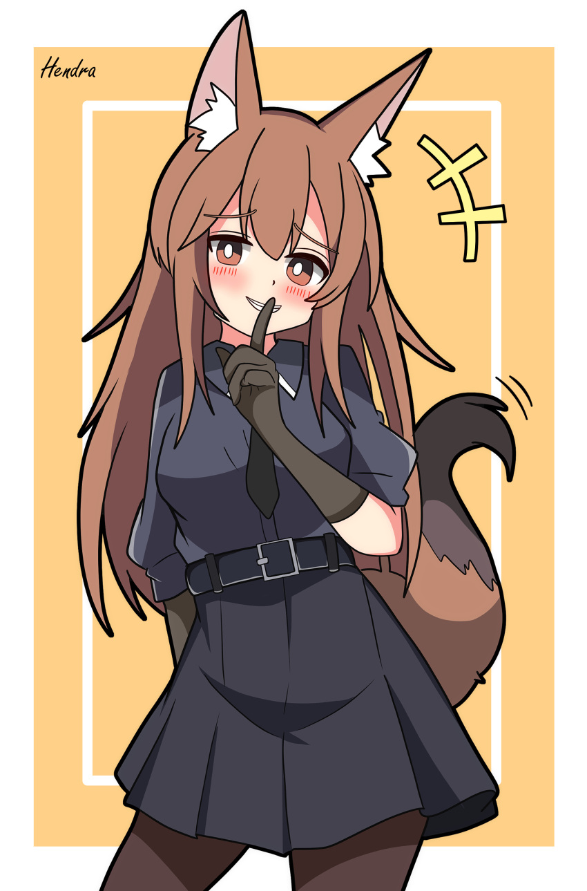 1girl :d ^^^ absurdres animal_ears arknights arm_behind_back belt black_gloves black_pantyhose black_skirt blue_belt blue_shirt blush border brown_eyes brown_hair buckle collared_shirt contrapposto dot_nose elbow_gloves finger_to_mouth fox_ears fox_girl fox_tail franka_(arknights) gloves grin hendra high-waist_skirt highres inset_border long_hair long_sleeves looking_at_viewer open_mouth orange_background outside_border pantyhose pleated_skirt raised_eyebrows shirt shirt_tucked_in signature simple_background skirt smile solo straight_hair tail teeth white_border