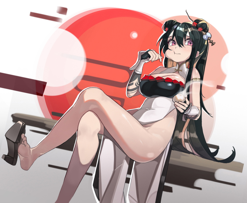 1girl alchemy_stars armlet baozi barefoot black_gloves black_hair black_tongue breasts chinese_clothes crossed_legs double_bun dress eating flower food gloves hair_between_eyes hair_bun hair_flower hair_ornament hairclip high_heels highres holding holding_food large_breasts looking_to_the_side no_panties partially_fingerless_gloves pink_eyes plabit sitting soles solo steaming_food toes turtleneck_dress white_dress yao_(alchemy_stars)