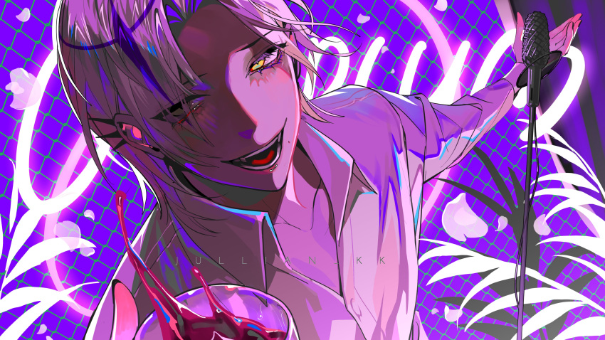1boy absurdres artist_name blonde_hair collared_shirt ear_piercing eyelashes glass glowing glowing_eyes highres holding holding_microphone holostars holostars_english jullian_kk looking_at_viewer magni_dezmond male_focus microphone microphone_stand mole mole_under_mouth neon_lights open_mouth piercing shirt short_hair smile solo spiked_ear_piercing spilling upper_body virtual_youtuber white_shirt yellow_eyes