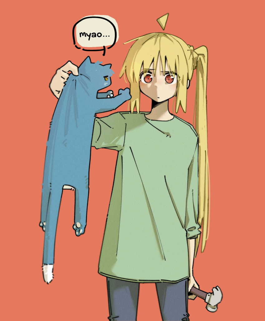 1girl absurdres ahoge animal blonde_hair blue_fur bocchi_the_rock! cat commentary detached_ahoge green_shirt hammer highres holding holding_animal holding_cat holding_hammer ijichi_nijika long_hair long_sleeves machuuu68 orange_background ponytail red_eyes shirt side_ponytail simple_background yamada_ryo yellow_eyes