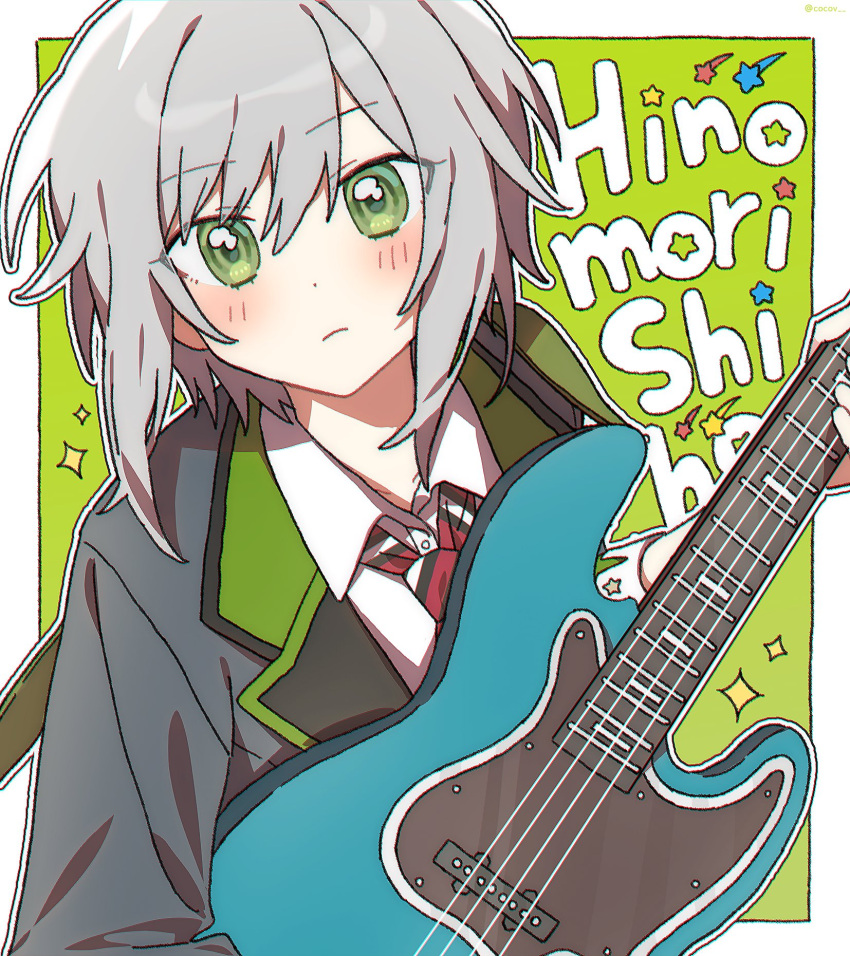 1girl black_jacket blush border character_name closed_mouth cocov collared_shirt dot_nose dutch_angle electric_guitar green_background green_eyes grey_hair guitar highres hinomori_shiho holding holding_instrument instrument jacket light_frown long_sleeves looking_at_viewer necktie open_clothes open_jacket outside_border project_sekai red_necktie shirt short_hair sidelocks simple_background solo striped_necktie white_border white_shirt