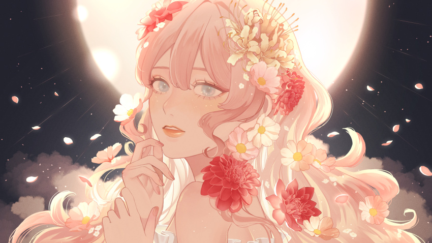 1girl alternate_costume alternate_hairstyle blue_eyes falling_petals flower frills hair_between_eyes hair_flower hair_ornament highres light_rays lips looking_at_viewer megurine_luka nokuhashi orange_lips petals pink_flower pink_hair pink_nails pink_petals red_flower solo vocaloid wavy_hair white_flower