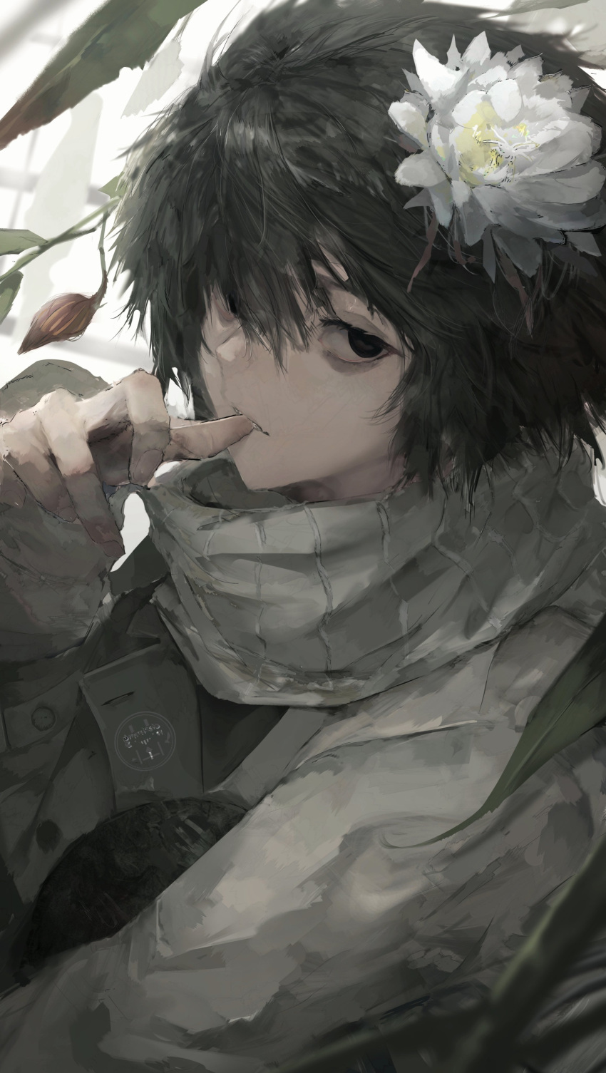 1boy absurdres black_eyes black_hair coat flower foreverechoyu hair_between_eyes hair_flower hair_ornament highres long_sleeves looking_at_viewer lotus male_focus medium_hair messy_hair original scarf solo teeth thumb_to_mouth upper_body white_background white_flower white_scarf