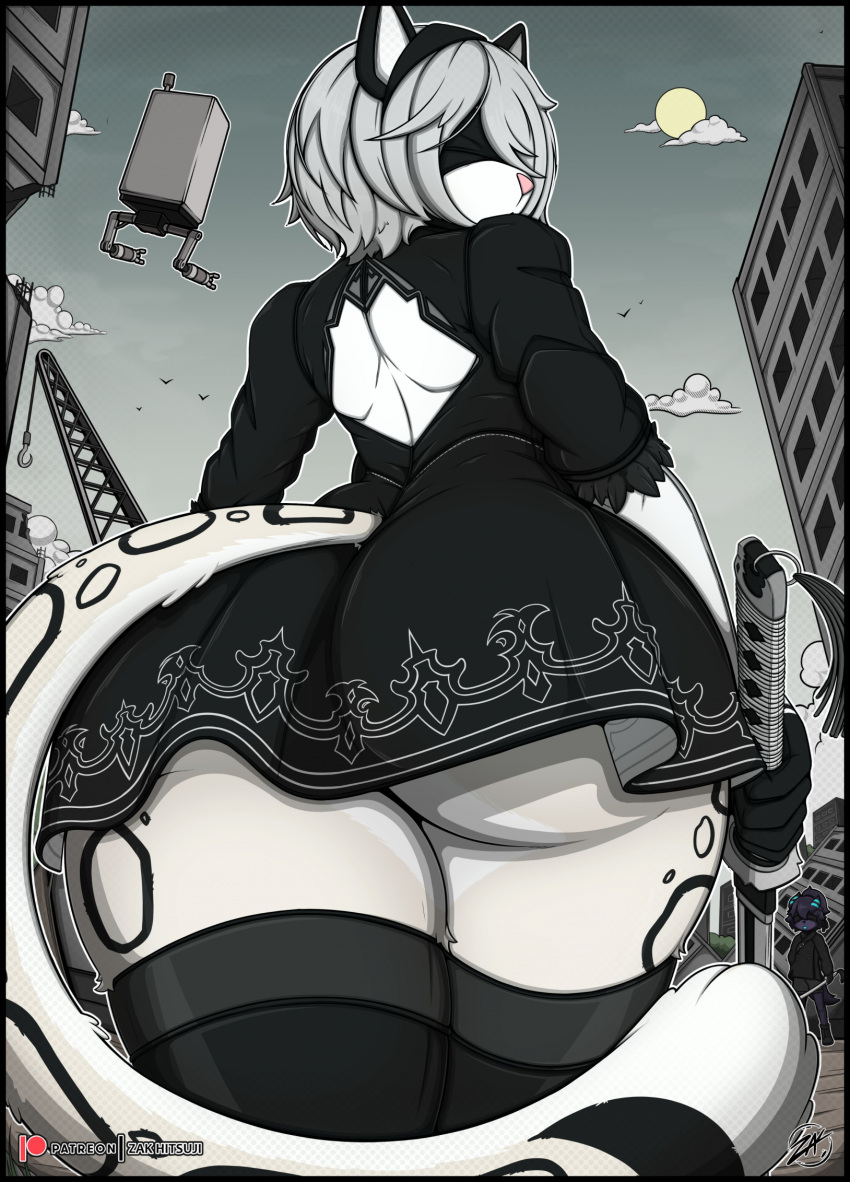 alternate_species anthro anthrofied big_breasts black_clothing blindfold breasts clothed clothing felid female fur furrification hair hi_res legwear looking_back mammal nier_automata pantherine platinumgames rear_view snow_leopard solo tail text weapon white_body white_fur white_hair yorha_2b zak_hitsuji