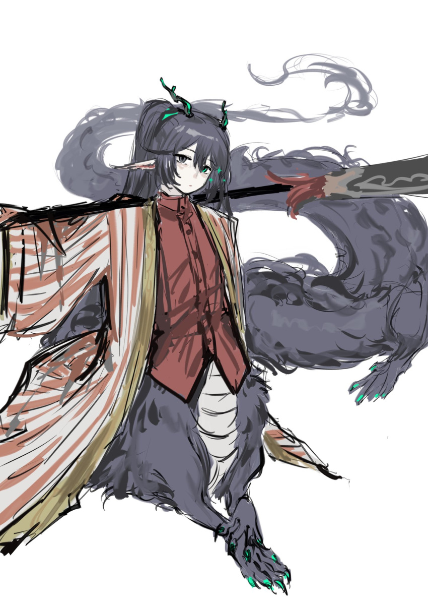 1boy coat dragon dragon_boy dragon_ears dragon_horns guan_dao highres holding holding_polearm holding_weapon hong_lu_(project_moon) horns limbus_company long_sleeves looking_at_viewer mandarin_collar polearm project_moon red_shirt shan23852196 shirt simple_background solo striped_coat taur weapon white_background