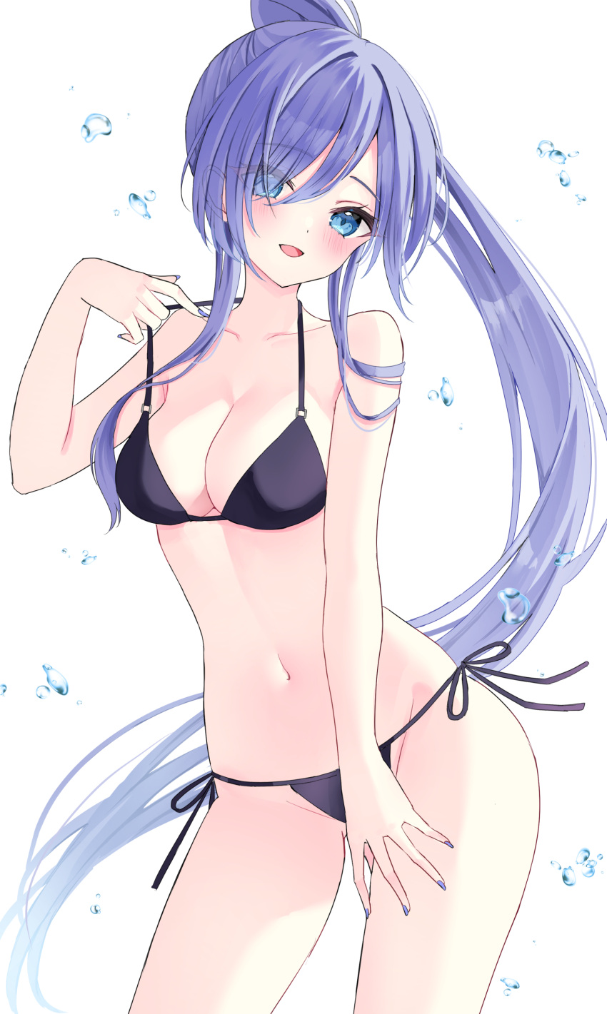 1girl absurdres bikini black_bikini blue_eyes blue_hair blue_nails breasts cleavage commission contrapposto cowboy_shot highres long_hair looking_at_viewer medium_breasts nail_polish navel original ponytail side-tie_bikini_bottom skeb_commission solo suineco swimsuit white_background