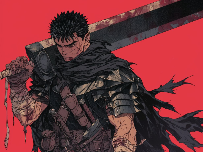 1boy ai-generated arm_wrap armor bandages berserk blood blood_on_arm blood_on_bandages blood_on_face blood_on_weapon cape closed_eyes closed_mouth guts_(berserk) holding holding_weapon muscular muscular_male one_eye_closed orange_background over_shoulder pointy_ears red_background scar scar_on_cheek scar_on_face simple_background solo spiked_hair sword sword_on_back sword_over_shoulder tarte_(hodarake) torn_cape torn_clothes weapon weapon_on_back weapon_over_shoulder