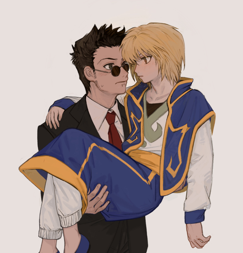 2boys absurdres androgynous arm_around_shoulder black_eyes black_hair black_suit blonde_hair blush carrying carrying_person collarbone collared_shirt hair_between_eyes highres hunter_x_hunter ik18166181ik kurapika leorio_paladiknight looking_at_another male_focus multiple_boys necktie princess_carry profile red_necktie round_eyewear shirt short_hair sideburns spiked_hair standing suit sunglasses sweatdrop white_background yaoi