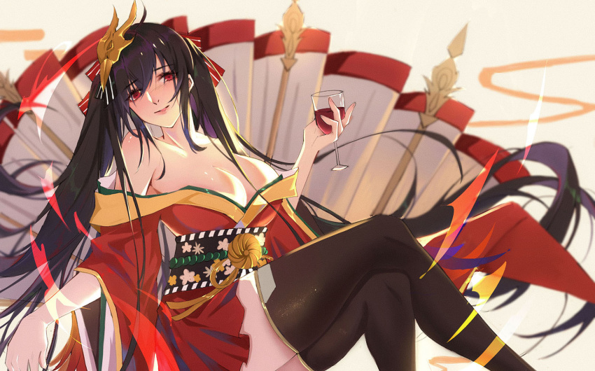 1girl absurdly_long_hair akaku_99 azur_lane black_hair black_sash black_thighhighs breasts cleavage crossed_legs cup drinking_glass feet_out_of_frame from_side highres holding holding_cup huge_breasts japanese_clothes kimono long_hair long_sleeves looking_at_viewer looking_to_the_side mask mask_on_head red_eyes red_kimono sash sitting taihou_(azur_lane) thighhighs very_long_hair wide_sleeves wine_glass zettai_ryouiki