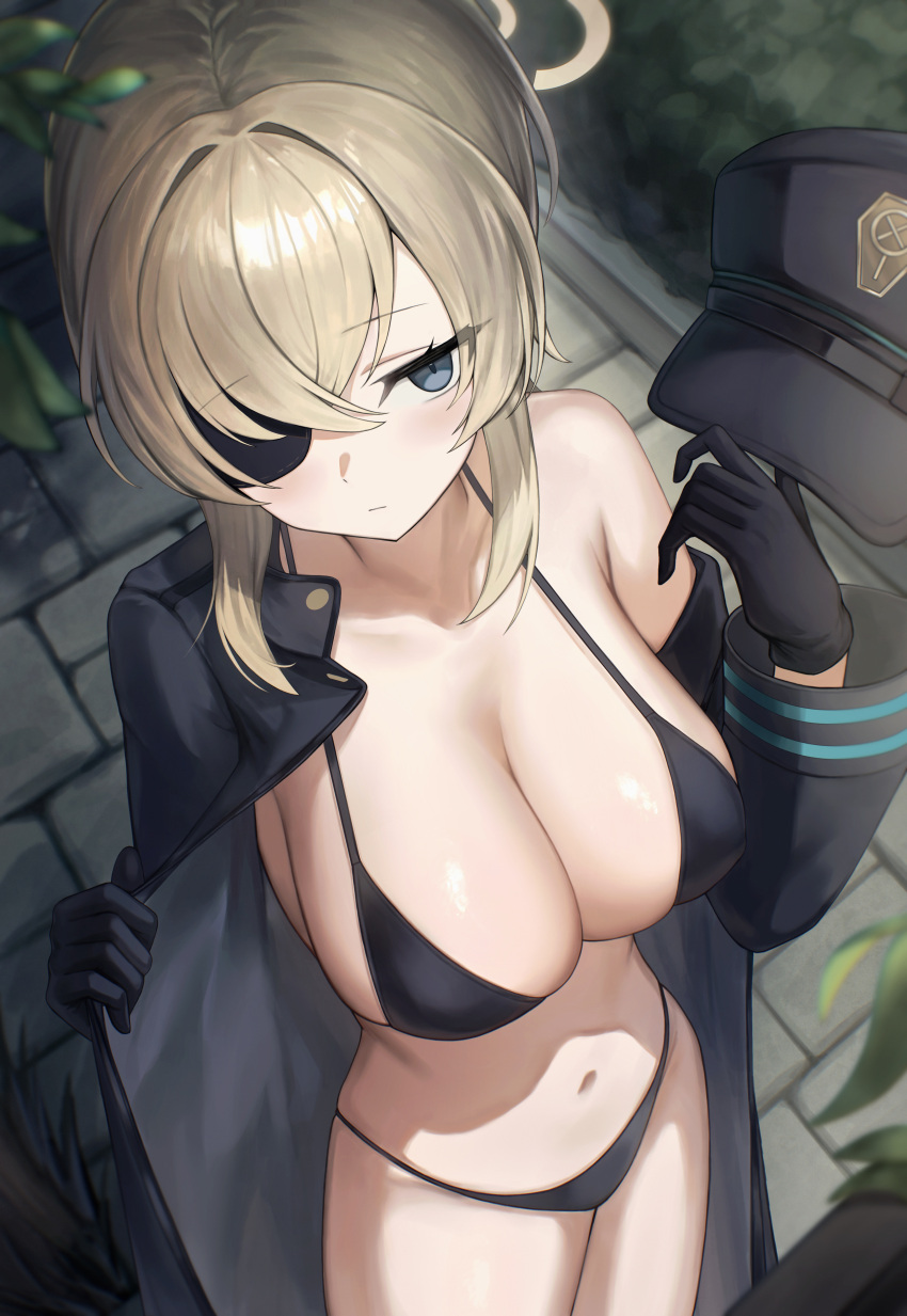 1girl absurdres bikini black_coat black_hat blonde_hair blue_archive blue_eyes blush breasts brown_halo cleavage coat eyepatch halo hat highres holding holding_clothes holding_hat large_breasts nanimonine9 navel open_clothes open_coat outdoors peaked_cap shiny_skin short_hair skindentation solo standing suou_(blue_archive) swimsuit undressing
