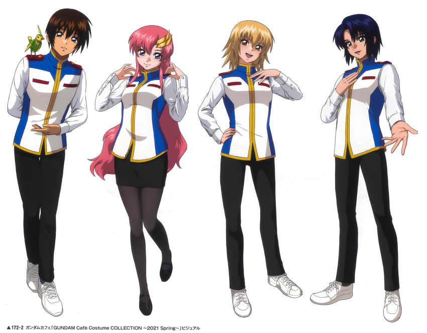 2boys 2girls athrun_zala bird black_pants black_skirt blonde_hair blue_eyes blue_hair brother_and_sister brown_eyes brown_hair cagalli_yula_athha green_eyes gundam gundam_seed gundam_seed_destiny hair_ornament highres kira_yamato lacus_clyne multiple_boys multiple_girls non-humanoid_robot official_alternate_costume official_art pants pantyhose pink_hair purple_eyes robot robot_animal shirt short_hair siblings skirt smile uniform white_shirt white_sneakers yellow_eyes