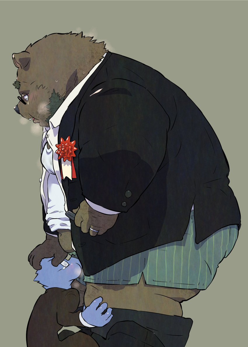 2024 absurd_res anthro bear beard belly big_belly biped blue_body bottomwear bottomwear_down brown_body clothed clothing duo eyewear facial_hair glasses hi_res humanoid_hands kemono male mammal musk oral overweight overweight_male pants pants_down partially_clothed shirt simple_background size_difference tachiuo topwear underwear