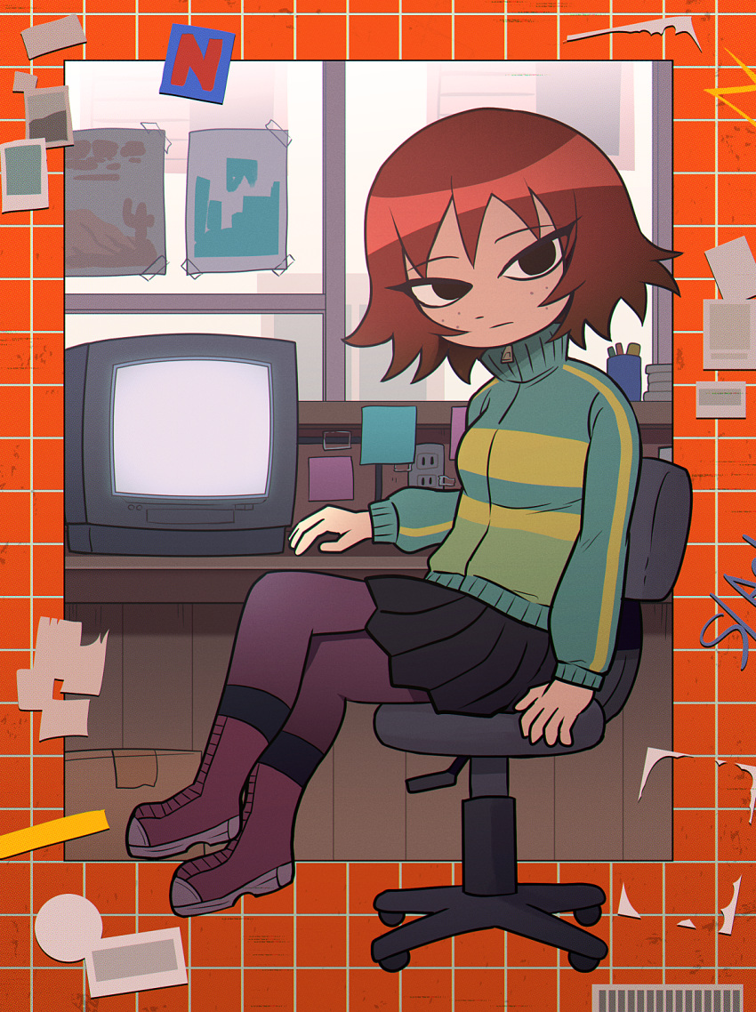 1girl black_eyes black_skirt boots brown_footwear brown_hair brown_pantyhose closed_mouth freckles g_tsurius highres kim_pine long_sleeves looking_at_viewer pantyhose pleated_skirt scott_pilgrim_(series) scott_pilgrim_takes_off short_hair sitting skirt solo swivel_chair television