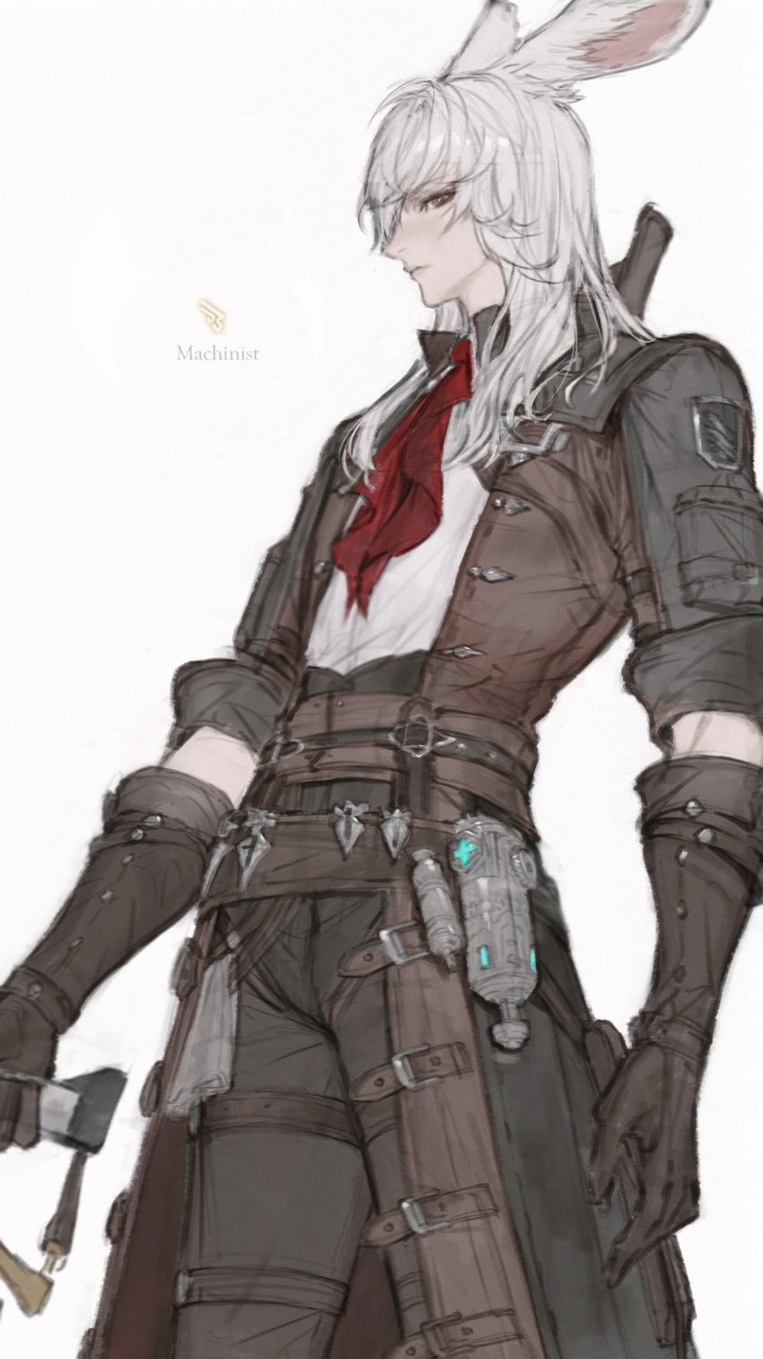 1boy absurdres animal_ears ascot black_pants brown_eyes brown_gloves closed_mouth coat final_fantasy final_fantasy_xiv gloves highres job_icon_(final_fantasy) long_hair looking_at_viewer machinist_(final_fantasy) male_focus pants profile rabbit_ears red_ascot shirt sideways_glance simple_background solo tladpwl03 warrior_of_light_(ff14) white_background white_hair white_shirt