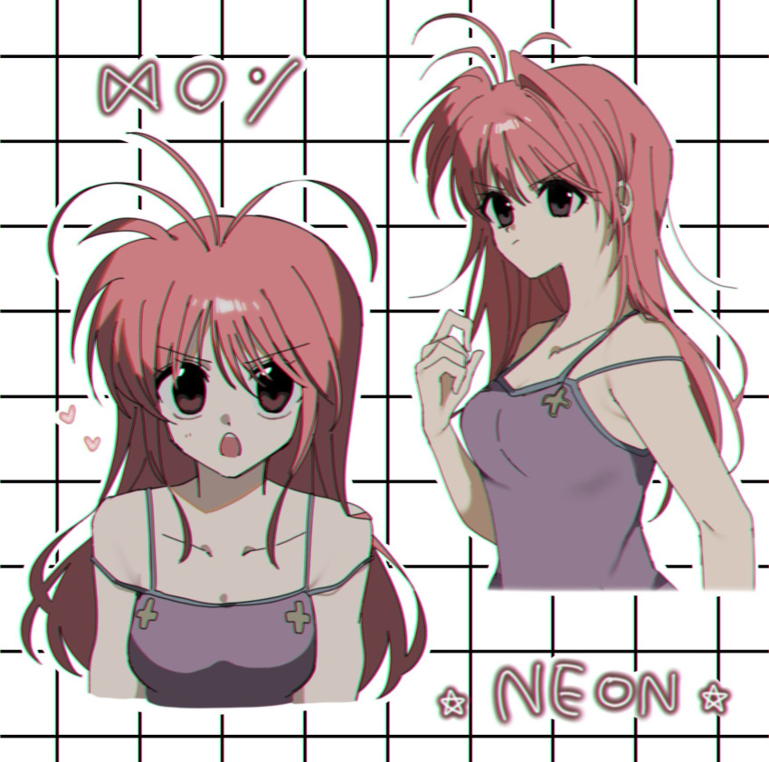1girl antenna_hair camisole character_name collarbone commentary grid_background highres hunter_x_hunter long_hair looking_at_viewer looking_to_the_side multiple_views neon_nostrade open_mouth purple_camisole purple_eyes red_hair teeth umxx_i upper_body upper_teeth_only