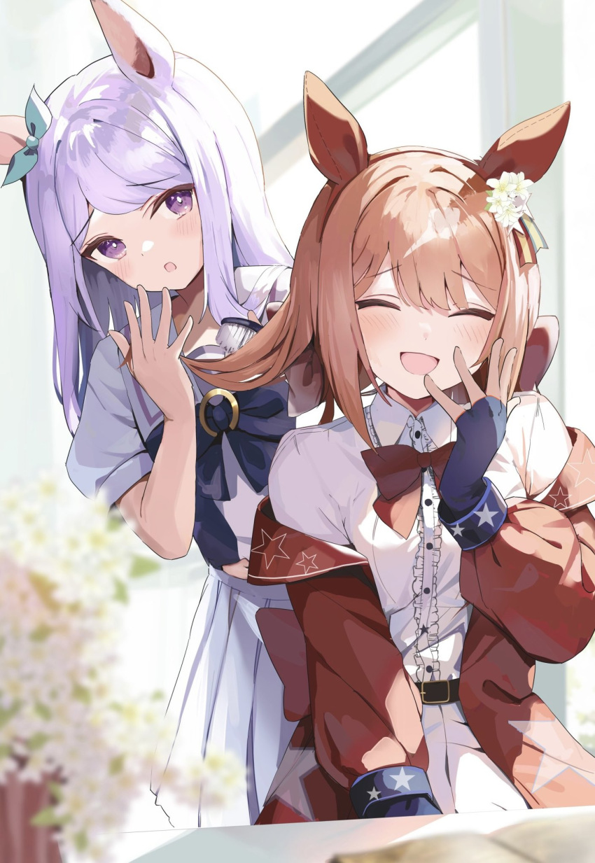 2girls animal_ears aqua_bow belt blush book bow bowtie breasts brown_hair brushing_hair coat commentary daisy dark_blue_gloves ear_bow ear_covers ear_ribbon fingerless_gloves flower frilled_shirt frills gloves hair_between_eyes hair_brush highres horse_ears horse_girl horse_tail laughing long_hair long_sleeves looking_at_viewer medium_hair mejiro_mcqueen_(umamusume) midriff_peek multicolored_hair multiple_girls navel nyorotono_(amafurashi) off_shoulder open_mouth orange_hair original pleated_skirt puffy_short_sleeves puffy_sleeves purple_bow purple_bowtie purple_eyes purple_hair purple_serafuku red_bow red_bowtie red_coat sailor_collar sailor_shirt school_uniform serafuku shirt short_sleeves skirt sleeve_cuffs smile solo speedy_kick_(racehorse) star_(symbol) streaked_hair summer_uniform swept_bangs table tail tracen_school_uniform umamusume white_shirt white_skirt