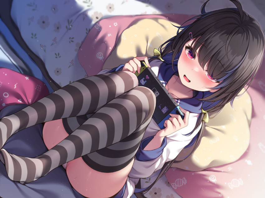 1girl ahoge ass black_hair blue_hair blush collarbone commentary_request dutch_angle hair_over_one_eye hands_up highres holding hood hood_down hoodie indoors knees_up long_hair long_sleeves multicolored_hair nintendo_switch no_shoes non-web_source open_mouth original panties pillow puffy_long_sleeves puffy_sleeves red_eyes sitting solo striped_clothes striped_thighhighs sweat thighhighs toyosaki_shu two-tone_hair underwear very_long_hair white_hoodie white_panties