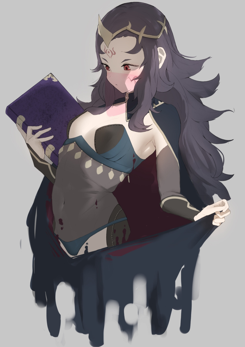 1girl armpits black_cape black_hair blue_panties bodystocking book breasts cape facial_mark fire_emblem fire_emblem_fates highres holding holding_book mouth_veil nyx_(fire_emblem) panties red_eyes saikoro0306 see-through small_breasts solo underwear veil