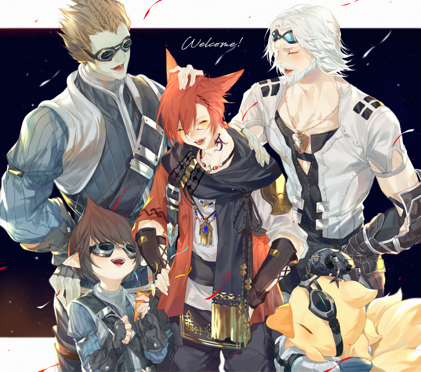 4boys :d alpha_(ff14) beard biggs_(ff14) black_pants black_scarf blush braid brown_hair chocobo cid_nan_garlond closed_eyes facial_hair final_fantasy final_fantasy_xiv g'raha_tia goggles hair_slicked_back hand_on_own_hip headpat highres jewelry multiple_boys necklace omega_(final_fantasy) pants scarf shirt smile tladpwl03 wedge_(ff14) white_hair white_shirt