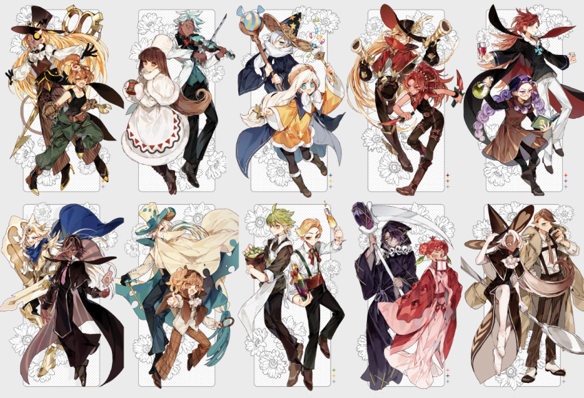 6+boys 6+girls ahoge alchemist_cookie almond_cookie black_pantyhose black_shirt blue_cape brother_and_sister brown_cape brown_dress cape chili_pepper_cookie cocoa_cookie cookie_run cream_puff_cookie croissant_cookie cup dark-skinned_female dark-skinned_male dark_skin dress dual_wielding espresso_cookie flask flower_pot food-themed_hat full_body gloves goggles goggles_on_head green_hair green_pants grin herb_cookie high_ponytail holding holding_cup holding_flask holding_flower_pot holding_scythe holding_staff holding_wand humanization instrument latte_cookie licorice_cookie long_hair long_sleeves looking_at_viewer low-tied_long_hair madeleine_cookie mint_choco_cookie mug multiple_boys multiple_girls open_mouth paladin pants pantyhose pomegranate_cookie red_eyes red_hair roguefort_cookie rye_cookie sapphire_(nine) scarf scissors scythe shirt siblings smile sparkling_cookie spoon staff timekeeper_cookie vampire_cookie very_long_hair violin walnut_cookie wand white_dress white_gloves white_hair white_hat white_pants white_scarf wizard_cookie yellow_dress