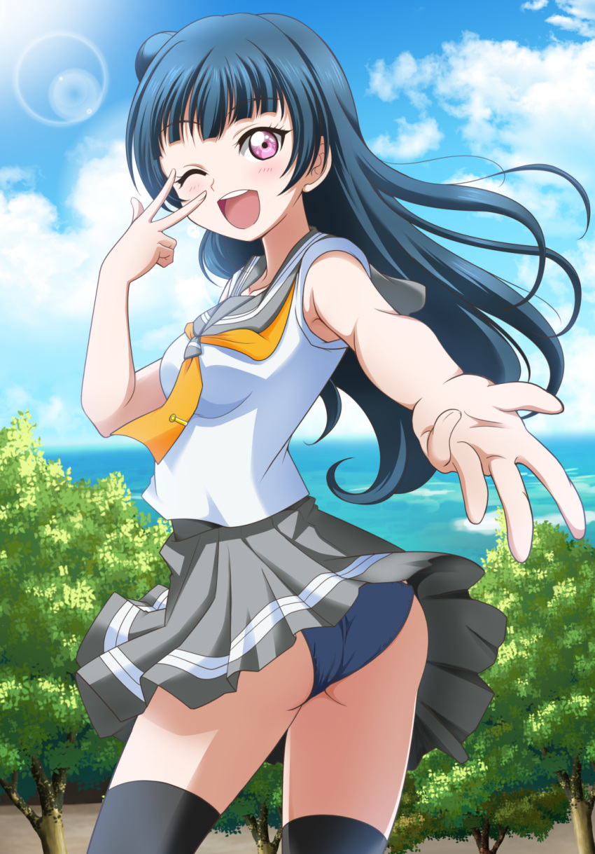 1girl ;d ass black_thighhighs blue_hair blue_sky blush butt_crack clothes_lift cloud collarbone collared_shirt commentary_request cowboy_shot day floating_hair forest from_side grey_panties grey_sailor_collar grey_skirt hanzou highres horizon lens_flare long_hair looking_at_viewer love_live! love_live!_sunshine!! miniskirt nature neckerchief ocean one_eye_closed open_mouth outdoors outstretched_arms panties pantyshot partial_commentary pink_eyes pleated_skirt reaching reaching_towards_viewer sailor_collar sailor_shirt school_uniform serafuku shirt skirt skirt_lift sky sleeveless sleeveless_shirt smile solo standing thighhighs tsushima_yoshiko underwear uranohoshi_school_uniform very_long_hair w white_shirt wind wind_lift yellow_neckerchief